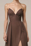 Brown Satin Sweetheart Long Formal Dress with Slit
