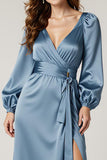Lake Blue Satin Sheath Ruffle Long Sleeves Formal Dress with Slit