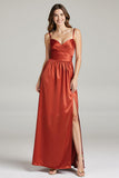 Burunt Orange Spaghetti Straps Ruched Long Formal Dress with Slit