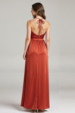Burunt Orange Spaghetti Straps Ruched Long Formal Dress with Slit