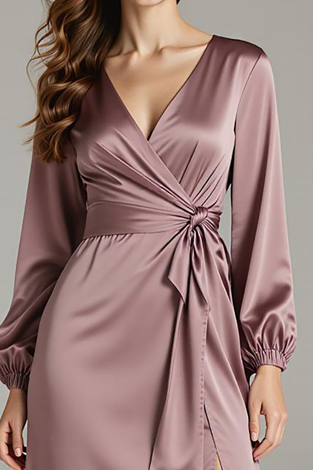 Satin Vintage Mauve V-Neck Long Sleeves Formal Dress with Slit