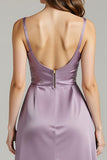Light Purple Satin Spaghetti Straps A Line Formal Dress with Pockets