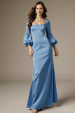 Sky Blue Satin Square Neck Mermaid Long Sleeves Formal Dress