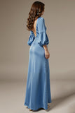 Sky Blue Satin Square Neck Mermaid Long Sleeves Formal Dress