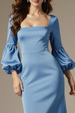 Sky Blue Satin Square Neck Mermaid Long Sleeves Formal Dress