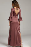 Coffee Satin Sheath V-Neck Long Formal Dress with Slit