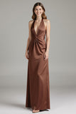 Coffee Sheath Satin Halter Long Formal Dress