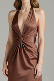 Coffee Sheath Satin Halter Long Formal Dress