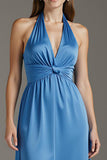 Lake Blue A Line Satin Long Formal Dress