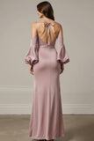 Light Pink Mermaid Satin Long Formal Dress with Sleeves