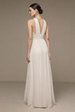 V-Neck Ivory A Line Long Formal Dress with Slit