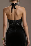 Halter Sequin Black A Line Pageant Dress with Slit