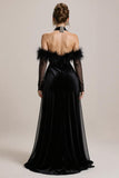 Black Cold Shoulder Velvet Pageant Dress with Slit