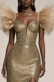 Sparkly Gold Mermaid Ruffled Pageant Dress with Slit