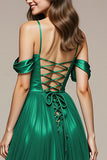 Cold Shoulder Green A-Line Satin Pageant Dress with Slit