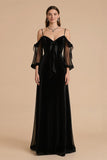 Black A Line Cold Shoulder Long Black Tie Dress with Sleeves