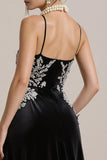 Black A Line Spaghetti Straps Long Black Tie Dress with Appliques
