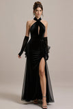 Black Sheath Halter Keyhole Long Black Tie Dres with Slit