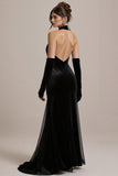 Black Sheath Halter Keyhole Long Black Tie Dres with Slit