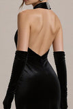 Black Sheath Halter Keyhole Long Black Tie Dres with Slit
