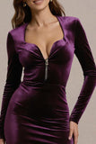 Plum Sheath Long Sleeves Black Tie Dress with Slit