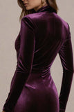 Plum Sheath Long Sleeves Black Tie Dress with Slit