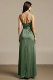 Light Green Satin A Line Long Black Tie Dress with Slit