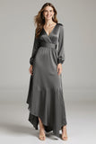 Steel Grey A Line Satin V-Neck Asymmetrical Long Black Tie Dress