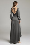 Steel Grey A Line Satin V-Neck Asymmetrical Long Black Tie Dress