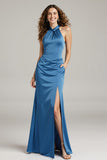 Royal Blue Satin Halter Long Black Tie Dress with Pocket