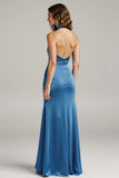 Royal Blue Satin Halter Long Black Tie Dress with Pocket