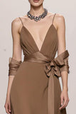 Terracotta A Line Spaghetti Straps Long Black Tie Dress with Bow