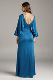 Royal Blue Satin V-Neck Long Black Tie Dress with Sleeves