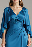 Royal Blue Satin V-Neck Long Black Tie Dress with Sleeves