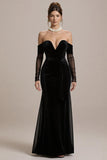 Black Mermaid Off the Shoulder Long Black Tie Dress with Sleeves
