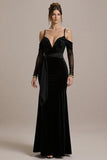 Black Mermaid Cold Shoulder Long Black Tie Dress with Appliques
