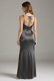 Steel Grey Satin Mermaid Long Black Tie Dress with Slit