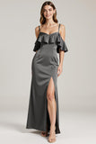 Steel Grey Sheath Cold Shoulder Satin Long Black Tie Dress with Ruffles
