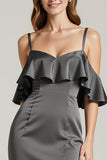 Steel Grey Sheath Cold Shoulder Satin Long Black Tie Dress with Ruffles