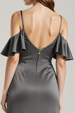Steel Grey Sheath Cold Shoulder Satin Long Black Tie Dress with Ruffles