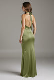 Sage Green Halter Satin Sheath Long Black Tie Dress with Slit