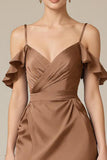 Terracotta Ruffled Satin Cold Shoulder Long Black Tie Dress with Slit