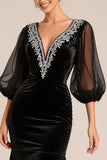 Black Mermaid V-Neck Long Sleeves Black Tie Dress with Lace