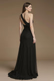 Black A Line One Shoulder Long Black Tie Dress with Feather