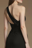 Black A Line One Shoulder Long Black Tie Dress with Feather