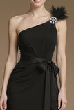 Black A Line One Shoulder Long Black Tie Dress with Feather