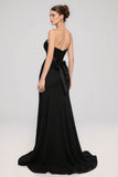 Black Satin Sweetheart A Line Long Formal Dress with Bow