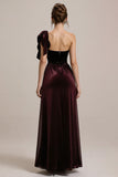 Sparkly Burgundy Velvet One Shoulder Sheath Long Formal Dress with Ruffles