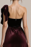 Sparkly Burgundy Velvet One Shoulder Sheath Long Formal Dress with Ruffles