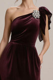 Sparkly Burgundy Velvet One Shoulder Sheath Long Formal Dress with Ruffles